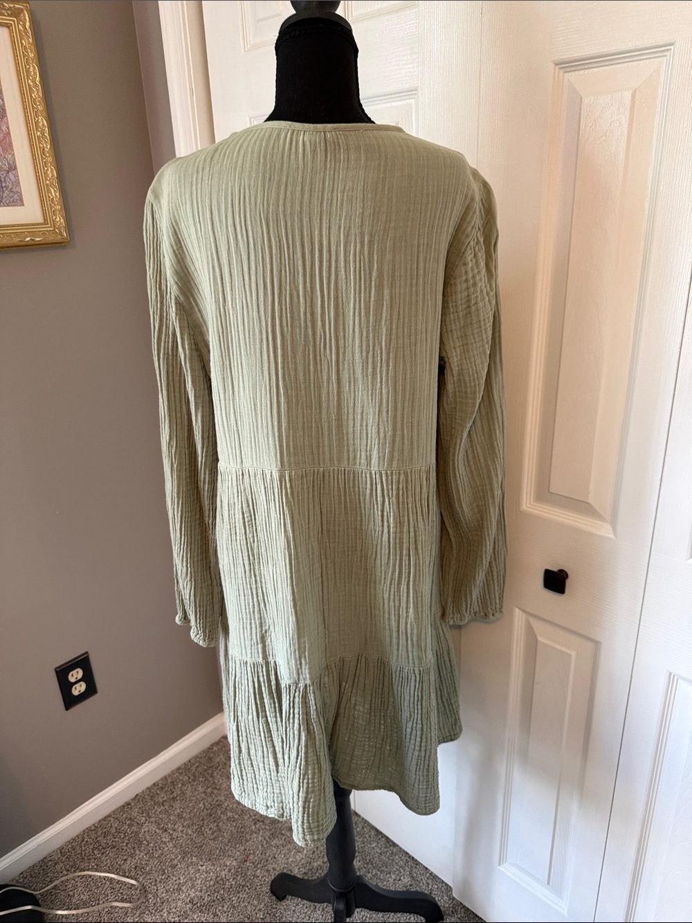 Women’s Sage Green Long Sleeve Tiered Peasant Dress - Picture 2 of 3
